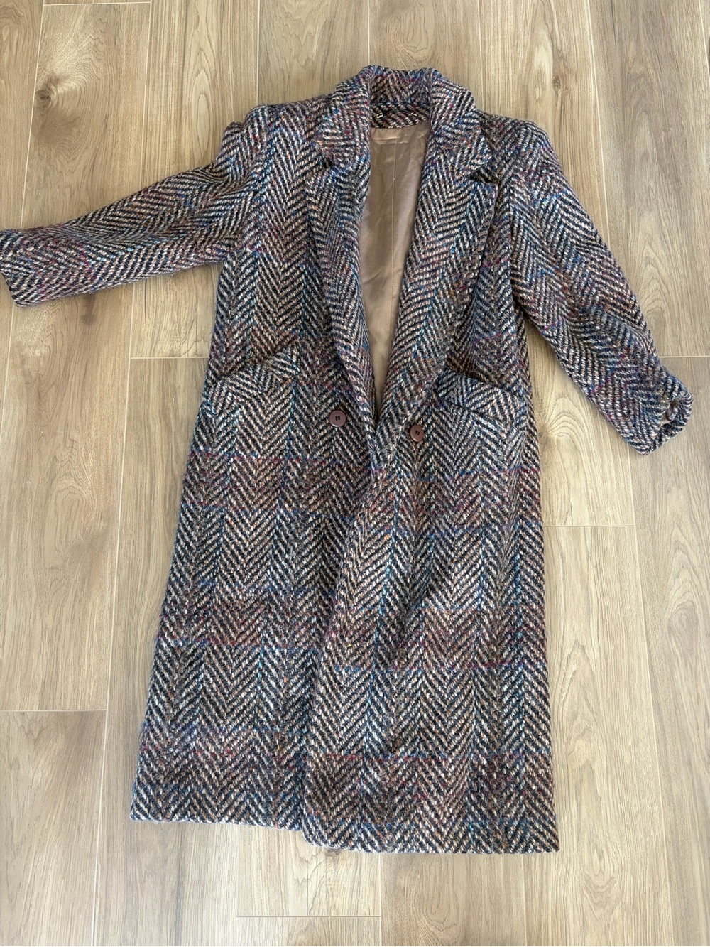 Long Multicolor Herringbone Wool Trench Coat - Neutral Tones